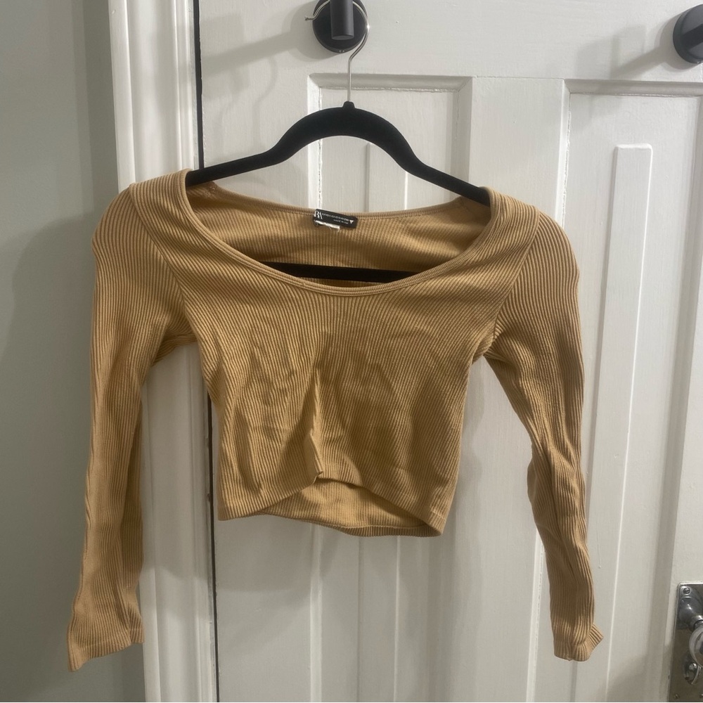 Zara Tan Ribbed Long Sleeve Crop Top